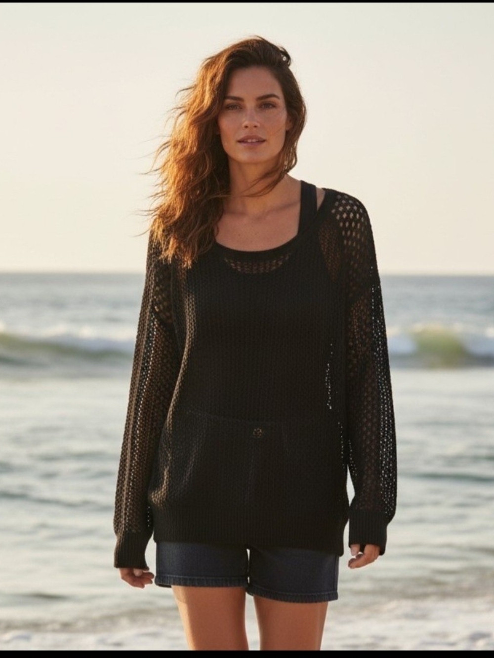 Cupshe Womens M Black Open-Weave Crewneck Stylish Comfy Sweater Acrylic